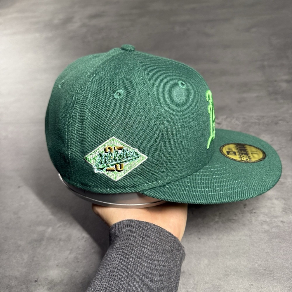 Hat Club Oakland Athletics A's New Era Cap 7 1/4 Dark Lime Green Side Patch Gold - Picture 3 of 7